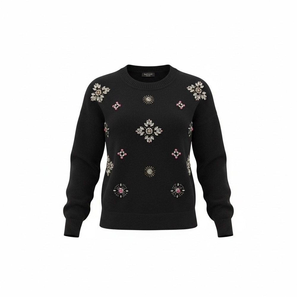 Kate Spade New York Black Crystal Embellished Crewneck Sweater Small